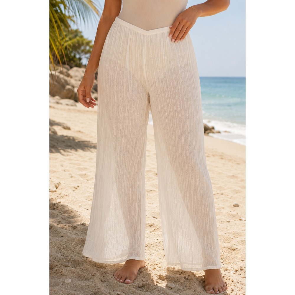 437 Four Three Seven Ivory‎ Crinkle Wide Leg Cover Up Pants M Cream 100% Cotton